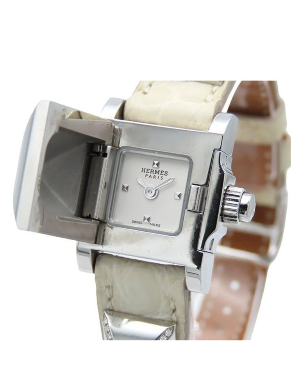 Hermes Mini Medor White SS Diamond Leather Watch